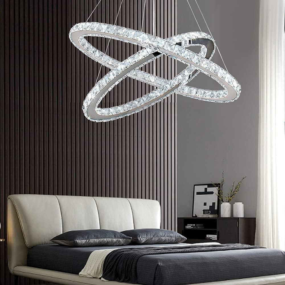 Lustre Moderne En Cristal, Lustre LED Avec Télécommande, Plafonnier Ovale, 2 Anneaux, 56CM 32CM, Suspension Pour Salon, Salle À Manger (Lumière Blanche 6500K)