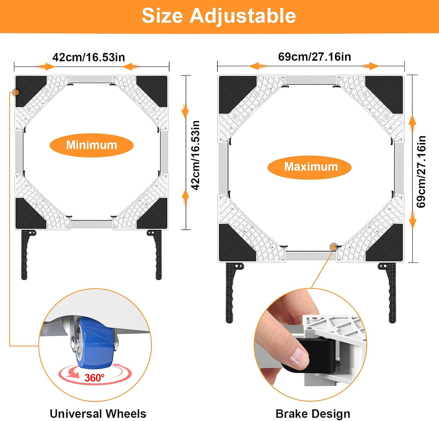 Universel Socle Lave Linge Avec Roulettes Pivotantes À 360° Pour Une Manœuvre Sans Effort, Fonction Anti-Vibrations, Freins Réglables, Taille Ajustable, Pour Lave-Linge Empilés De 42 À 69 Cm | Chariot De Transport De Scooter Avec Rouleau De Taille Réglabl