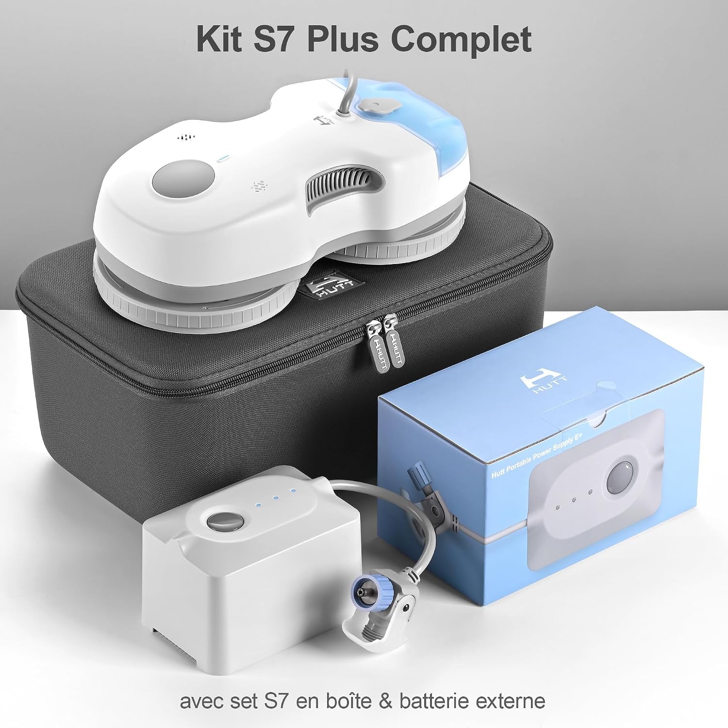 S7 plus Robot Nettoyeur De Vitre Avec Alimentation Portable, Robot Lave Vitre Sans Fil Avec Gicler L'Eau Automatique, Tampons Dual Moteur Flottant 3D, Protection Multiples, Télécommande