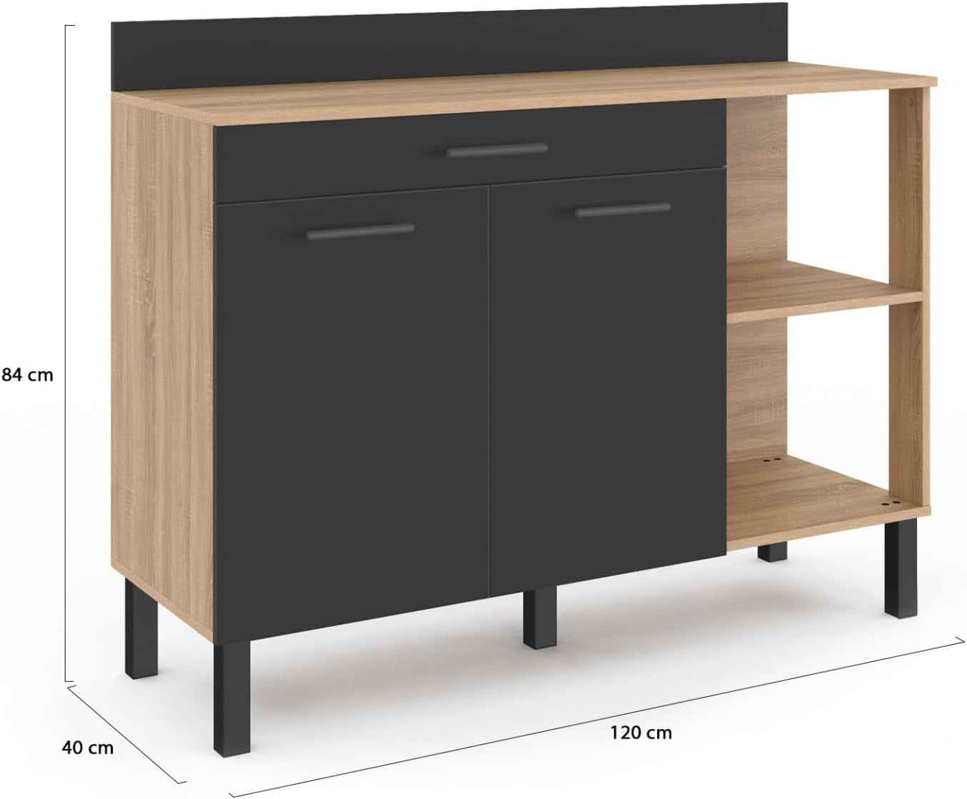 - Buffet Bas De Cuisine 120 CM CINA Plan De Travail H.83 Cm 2 Portes + Tiroir Façon Hêtre Et Noir