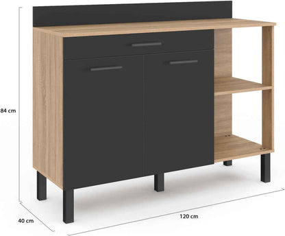 - Buffet Bas De Cuisine 120 CM CINA Plan De Travail H.83 Cm 2 Portes + Tiroir Façon Hêtre Et Noir