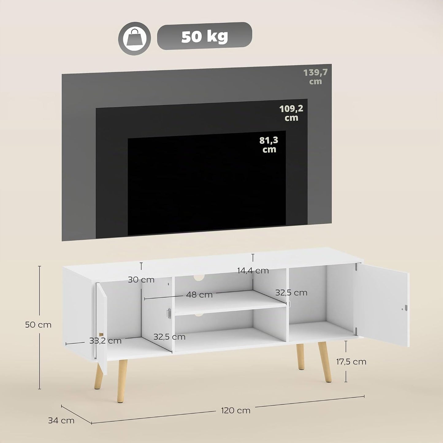 Meuble TV 120 Cm Pour Téléviseur Jusqu'À 55 Pouces Blanc | Meuble Télé, 2 Placards, 2 Étagères Ouvertes, Banc TV Moderne, Salon, Chambre À Coucher
