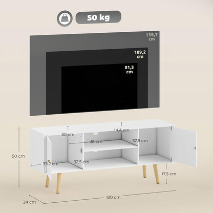 Meuble TV 120 Cm Pour Téléviseur Jusqu'À 55 Pouces Blanc | Meuble Télé, 2 Placards, 2 Étagères Ouvertes, Banc TV Moderne, Salon, Chambre À Coucher
