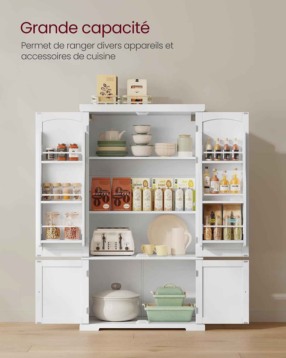 Buffet Haut Cuisine, Meuble De Rangement, Armoire, Vaisselier, 40 X 76 X 135,8 Cm, Grand Espace, 2 Planches Réglables, 6 Étagères De Porte, Pour Salon, Cuisine, Blanc BBC671HW01