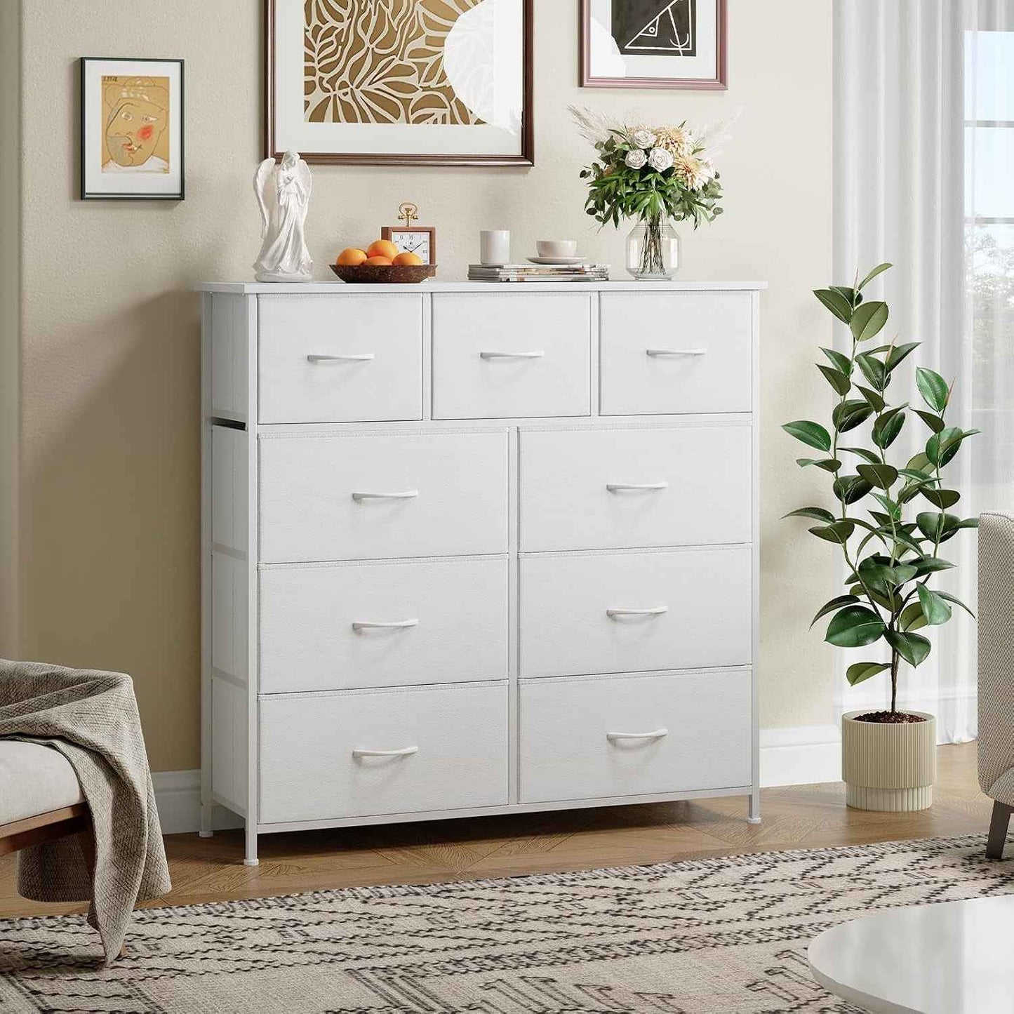 Commode De Rangement Pour Chambre À 9 Tiroirs En Tissu, Blanc | Meuble De Rangement Chambre 30P X 100L X 99H, Cadre En Acier Robuste, Dessus Étanche, Salon, Couloir, Entrée