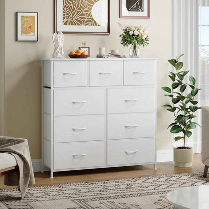 Commode De Rangement Pour Chambre À 9 Tiroirs En Tissu, Blanc | Meuble De Rangement Chambre 30P X 100L X 99H, Cadre En Acier Robuste, Dessus Étanche, Salon, Couloir, Entrée