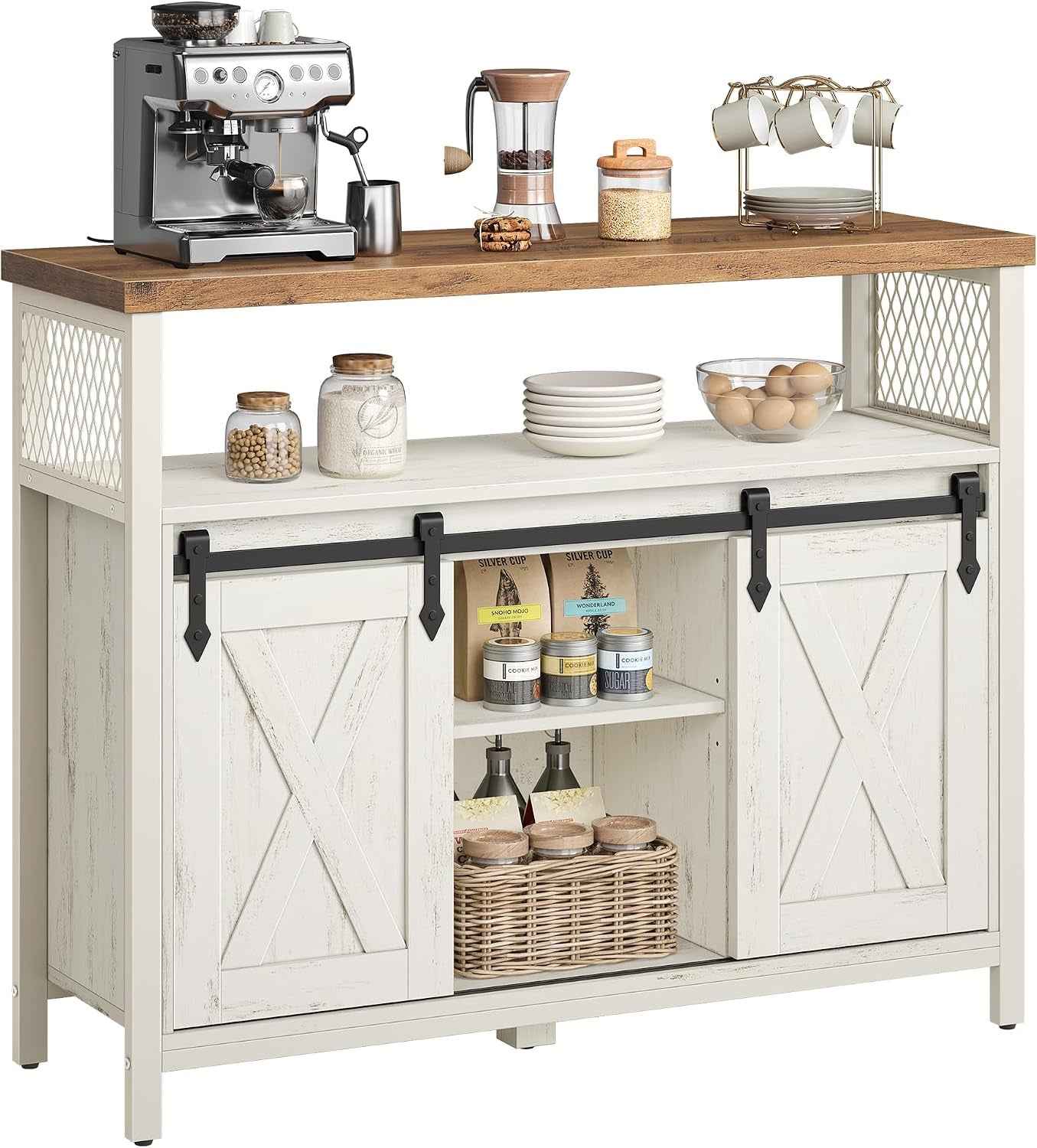 Buffet Cuisine, Meuble De Rangement, Avec 2 Portes Coulissantes | Bahut, Pour Salon, 33 X 100 X 80 Cm, Étagères Réglables, Blanc Rustique Et Blanc Crème, Daxton Collection LSC092W01