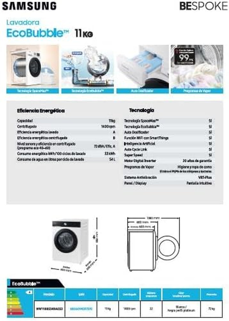 Machine À Laver Avec Technologie Spacemax™, 11 Kg, 1 400 Tr/Min, Efficacité Énergétique A, Intelligence Artificielle Et Smartthings™, AI Ecobubble, Doseur Automatique, Programmes De Vapeur,
