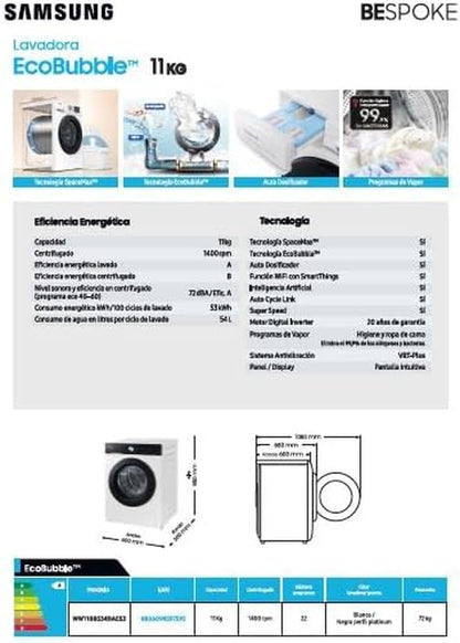 Machine À Laver Avec Technologie Spacemax™, 11 Kg, 1 400 Tr/Min, Efficacité Énergétique A, Intelligence Artificielle Et Smartthings™, AI Ecobubble, Doseur Automatique, Programmes De Vapeur,