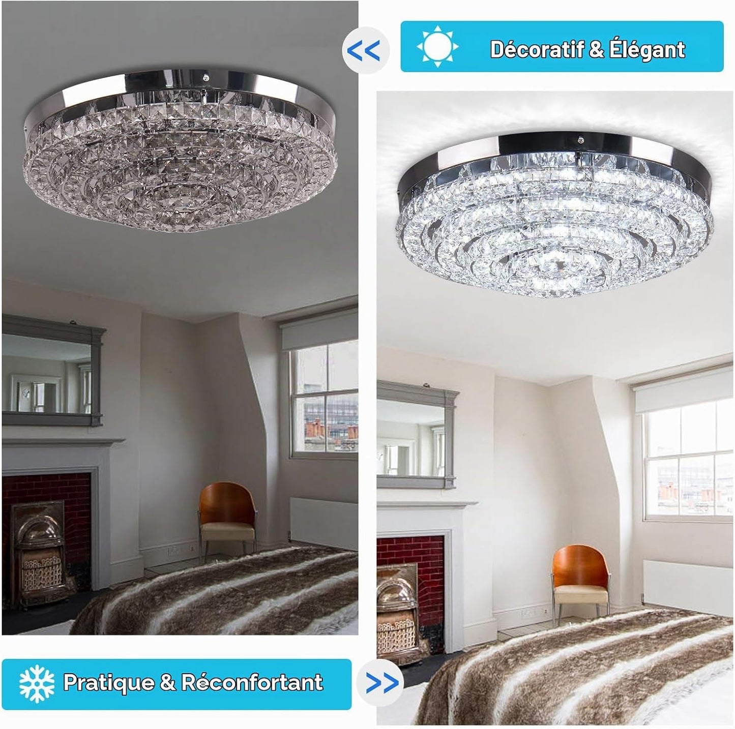 Lustre En Cristal Plafonnier Encastré Moderne Grand Lustre LED Entrée Chambre Salon Salle À Manger (Blanc Froid 6000K)