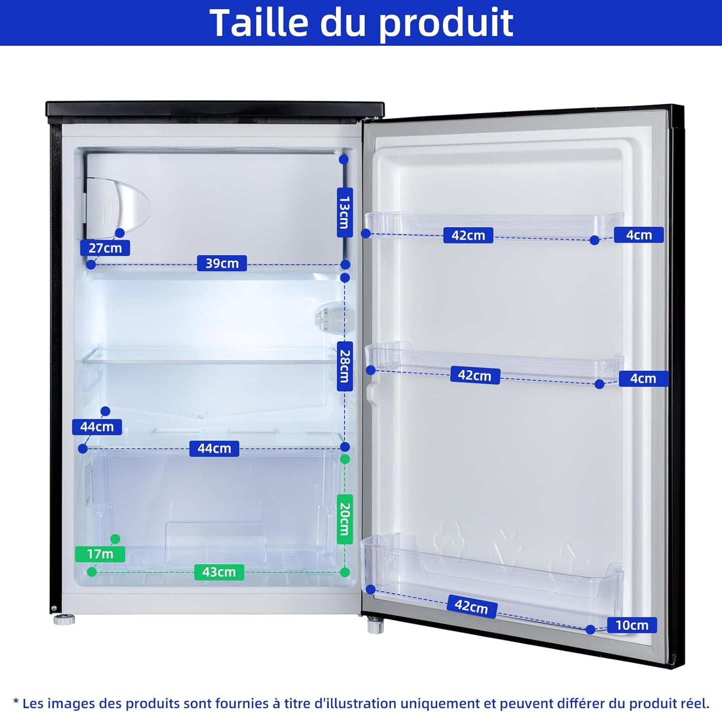 Réfrigérateur De 107 L, Hauteur : 831 Mm, Profondeur : 447 Mm, Encombrement : Seulement 0,22 ㎡, Vario Box, 7 Niveaux De Réglage De La Température, Silencieux, Noir, Garantie 12