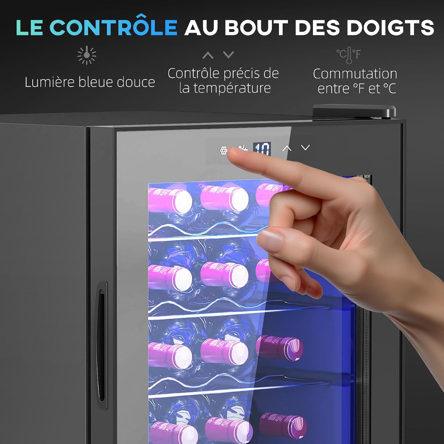 Cave À Vin 20 Bouteilles 53L Réfrigérateur À Vin Silencieux Noir | Porte En Verre, Éclairage LED, Écran Tactile Numérique, Mini Frigo, Contrôle De La Température 5-18°C, Protection UV