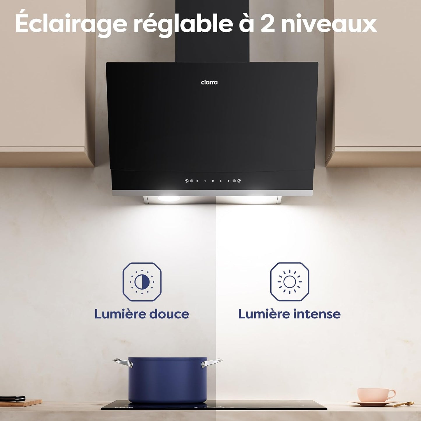 CBCB6736A Hotte Aspirante Inclinée 60 Cm A+++ 710 M³/H Gestuelle | Commande Tactile, 61 Db, Évacuation/Recyclage, Filtre Charbon CBCF003 Inclus, LED 2 Intensités, Verre Noir Facile À Nettoyer