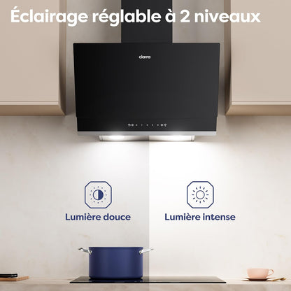 CBCB6736A Hotte Aspirante Inclinée 60 Cm A+++ 710 M³/H Gestuelle | Commande Tactile, 61 Db, Évacuation/Recyclage, Filtre Charbon CBCF003 Inclus, LED 2 Intensités, Verre Noir Facile À Nettoyer