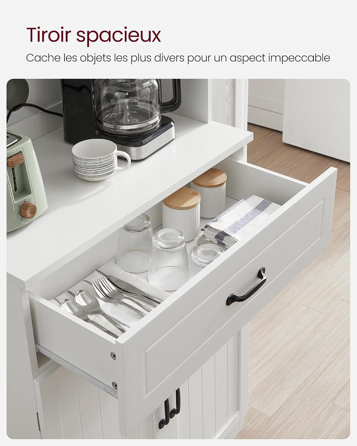 Buffet Haut Cuisine, Meuble De Rangement, Garde-Manger, Vaisselier, Avec Portes En Verre Et Étagères Réglables, Trou De Passage Des Câbles, Pour Micro-Ondes, Style Moderne, Blanc LSC361W21 | Armoire Multi-Usages Avec Étagères Réglables, Trou De Câble, Style Maison De Campagne, Blanc, Collection SOFIE LSC361W21
