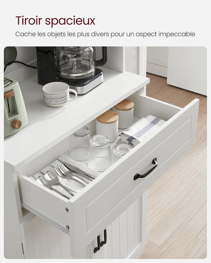 Buffet Haut Cuisine, Meuble De Rangement, Garde-Manger, Vaisselier, Avec Portes En Verre Et Étagères Réglables, Trou De Passage Des Câbles, Pour Micro-Ondes, Style Moderne, Blanc LSC361W21 | Armoire Multi-Usages Avec Étagères Réglables, Trou De Câble, Style Maison De Campagne, Blanc, Collection SOFIE LSC361W21
