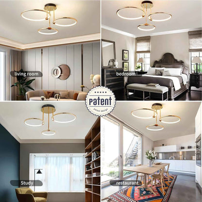 3 Anneaux Ronds Plafonnier Led Doré, Lustre Ø56Cm | 60W À Intensité Variable, Suspension Créative En Métal Électrolytique, Lampe Moderne Pour La Chambre À Coucher Bureau D'Enfants Étude