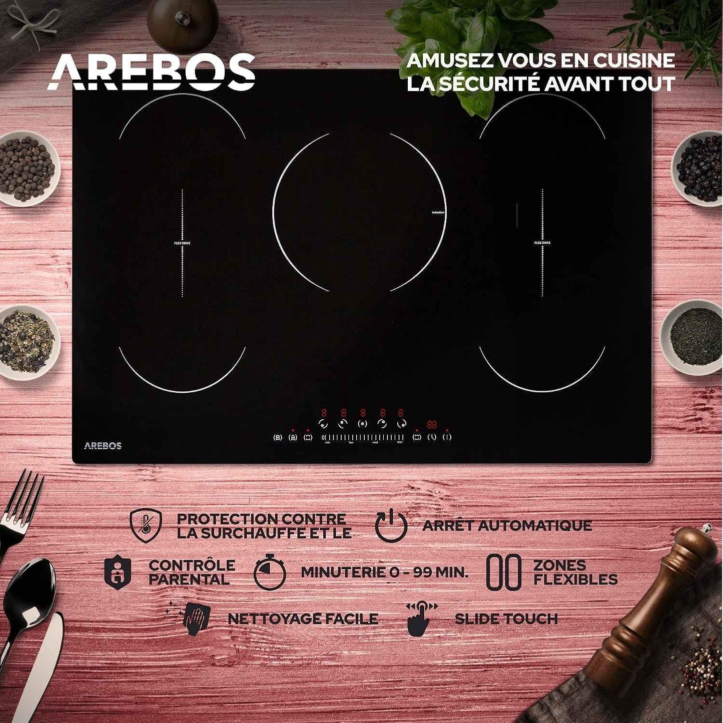Table De Cuisson À Induction | 9800 W | 5 Plans De Cuisson Avec 2 Zones Flexibles | Avec Sensor Touch, Minuterie, Sécurité Enfants, Protection Contre La Surchauffe, Arrêt Automatique