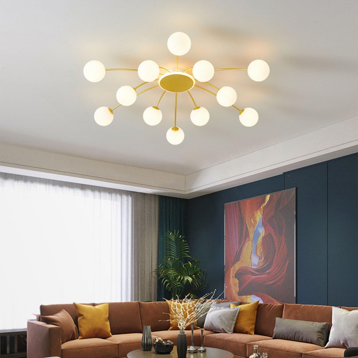 Lustre Sputnik À 12 Lumières，Plafonnier Doré Pour Salon | Lustre Industriel, Ampoules Globe G9 Non Incluses, Cadre Métal, Lustre Vintage Pour Chambre, Salle À Manger, Hôtel