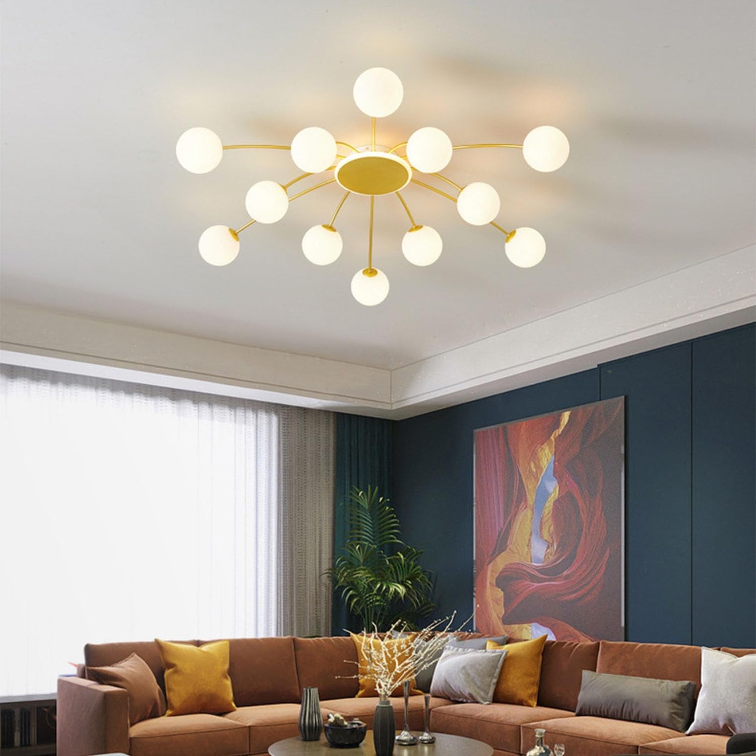 Lustre Sputnik À 12 Lumières，Plafonnier Doré Pour Salon | Lustre Industriel, Ampoules Globe G9 Non Incluses, Cadre Métal, Lustre Vintage Pour Chambre, Salle À Manger, Hôtel