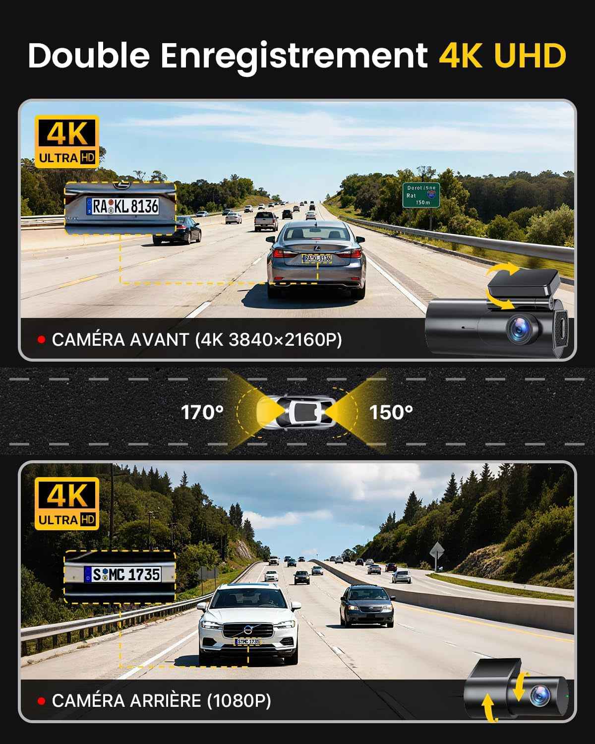 4K Dashcam Voiture Avant Arrière, 5Ghz Wifi Caméra Embarquée Voiture | Avec Carte SD 64G, Camera Voiture Grand Angle 170°, Vision Nocturne, Wdr,G-Capteur,Stationnement 24H,Enregistrement En Boucle