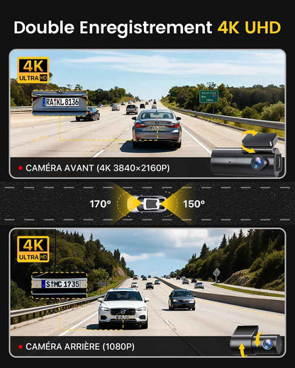 4K Dashcam Voiture Avant Arrière, 5Ghz Wifi Caméra Embarquée Voiture | Avec Carte SD 64G, Camera Voiture Grand Angle 170°, Vision Nocturne, Wdr,G-Capteur,Stationnement 24H,Enregistrement En Boucle