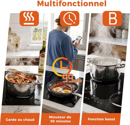 Plaque Induction, Plaque Induction 4 Feux, 7200W | Plaque De Cuisson Electrique, Con Verrou De Sécurité, Boost, Voyant De Surface Chaude, Protection D'Extinction, Timer, 60Cm