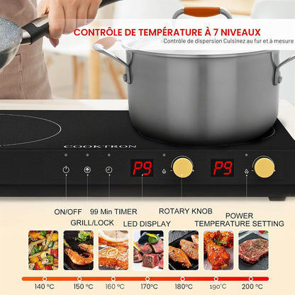 Double Plaque De Cuisson À Induction Avec Poêle En Fonte Amovible Antiadhésive 1800 W 2 Brûleurs Portable Avec Capteur Tactile 9 Niveaux De Puissance, Minuterie De 99 Min, Convient Pour
