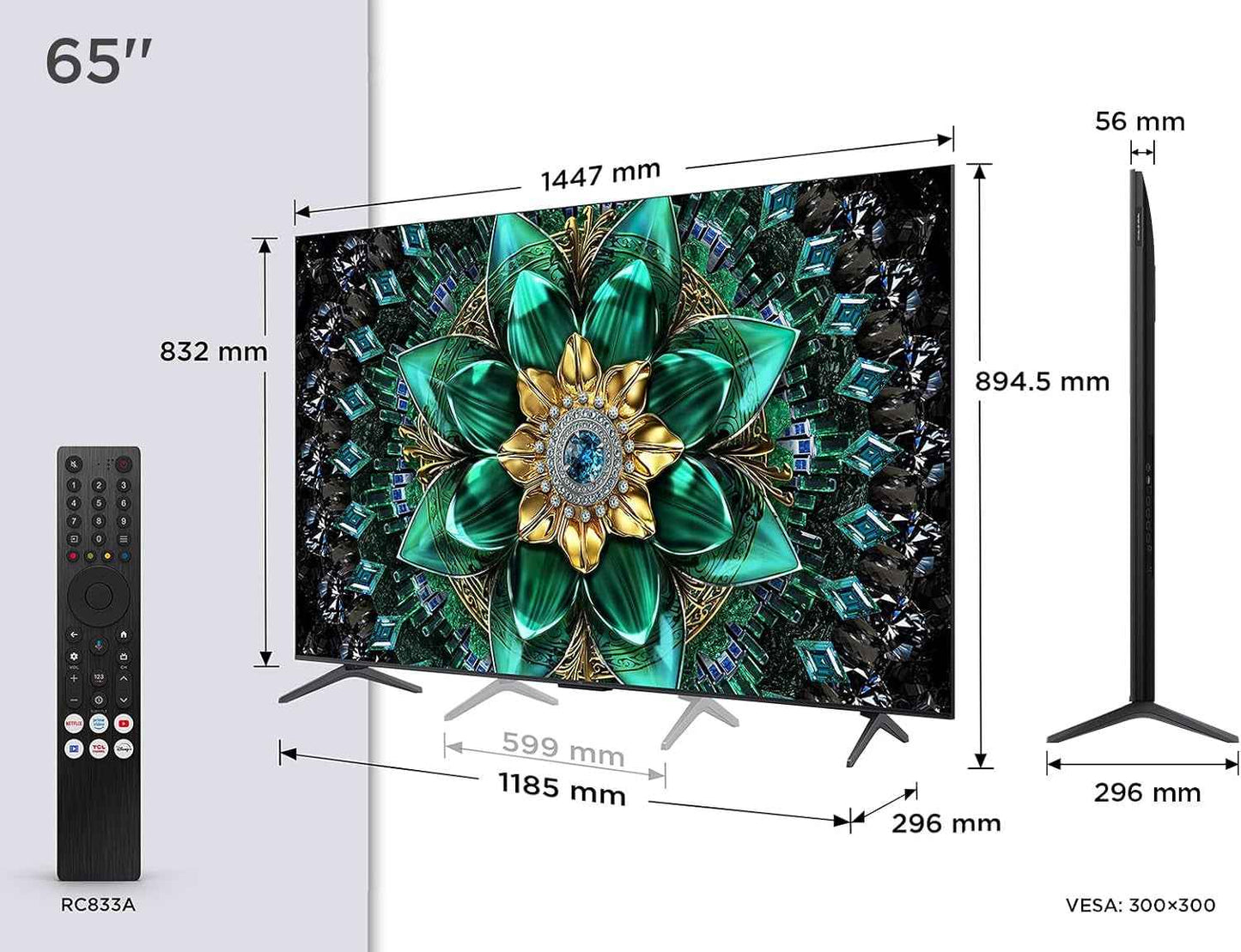 TCL 65Q6C Qd-Mini LED TV, 4K HDR Premium 1000Nits, Smart TV Alimenté Par Google (Dolby Vision IQ Et Atmos, Système Audio Onkyo 2.1, Motion Clarity Pro 144Hz, Game Master, Contrôle Vocal Mains Libres)