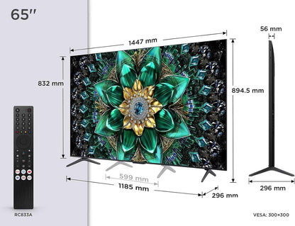 TCL 65Q6C Qd-Mini LED TV, 4K HDR Premium 1000Nits, Smart TV Alimenté Par Google (Dolby Vision IQ Et Atmos, Système Audio Onkyo 2.1, Motion Clarity Pro 144Hz, Game Master, Contrôle Vocal Mains Libres)