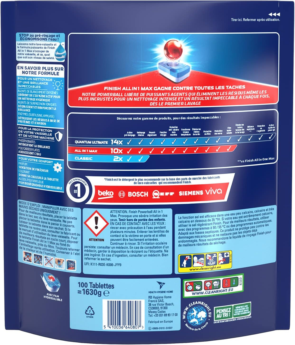 Pastilles Lave-Vaisselle Powerball Comprimé Sans Parfum All in One Max - 100 Tablettes Lave-Vaisselle