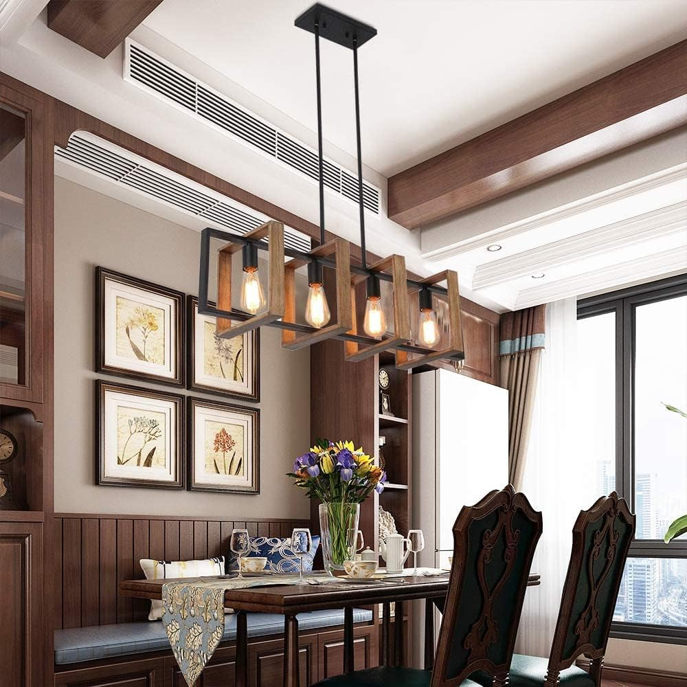 Éclairage D'Îlot De Cuisine, Lustre Moderne Noir Pour Salle À Manger Et Ferme, Lampes De Table De Billard, Finition Bois Et Métal Noir Mat (4 Têtes, Bois)