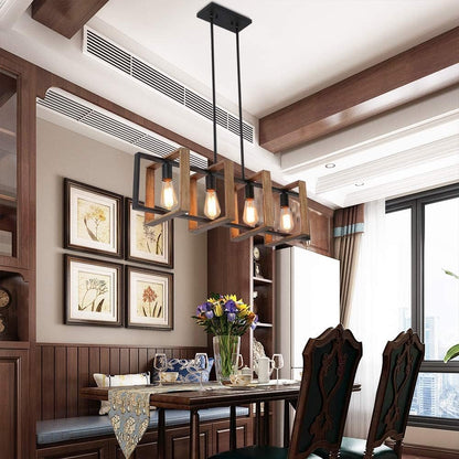 Éclairage D'Îlot De Cuisine, Lustre Moderne Noir Pour Salle À Manger Et Ferme, Lampes De Table De Billard, Finition Bois Et Métal Noir Mat (4 Têtes, Bois)