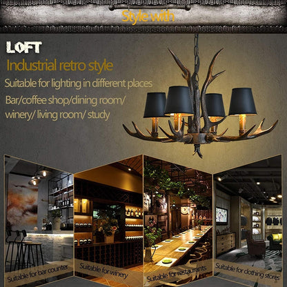 Suspension Rétro E14 En Forme De Bois De Cerf - Style Industriel - Lustre En Résine Noire - Abat-Jour En Fer Noir - Hauteur Réglable - Pour Salle À Manger, Salon, Café, Cuisine, Bar