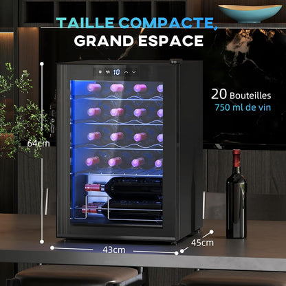 Cave À Vin 20 Bouteilles 53L Réfrigérateur À Vin Silencieux Noir | Porte En Verre, Éclairage LED, Écran Tactile Numérique, Mini Frigo, Contrôle De La Température 5-18°C, Protection UV