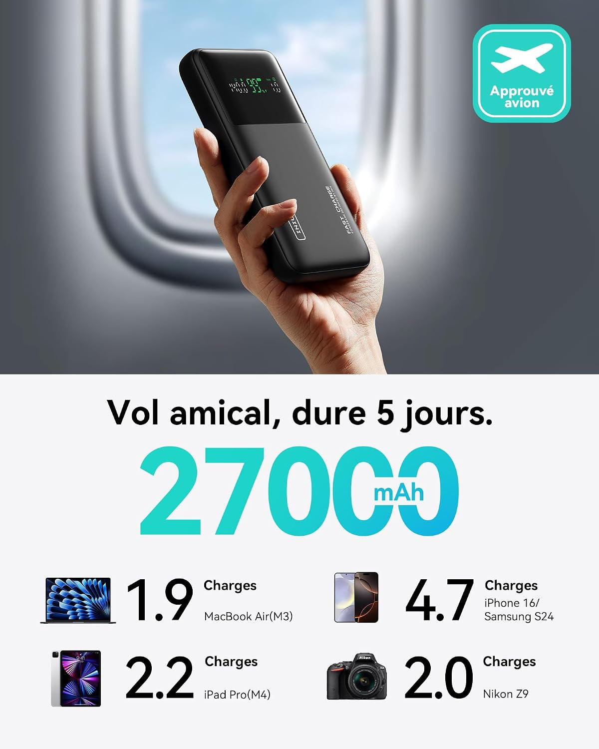 Batterie Externe Pour Ordinateur, Petit 140W 27000Mah USB C Power Bank | Autorisé En Avion, Câble USB C, Batterie Portable Charge Rapide Avec Macbook, Steam Deck, Iphone 17 Samsung Ipad Etc