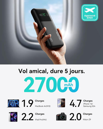 Batterie Externe Pour Ordinateur, Petit 140W 27000Mah USB C Power Bank | Autorisé En Avion, Câble USB C, Batterie Portable Charge Rapide Avec Macbook, Steam Deck, Iphone 17 Samsung Ipad Etc