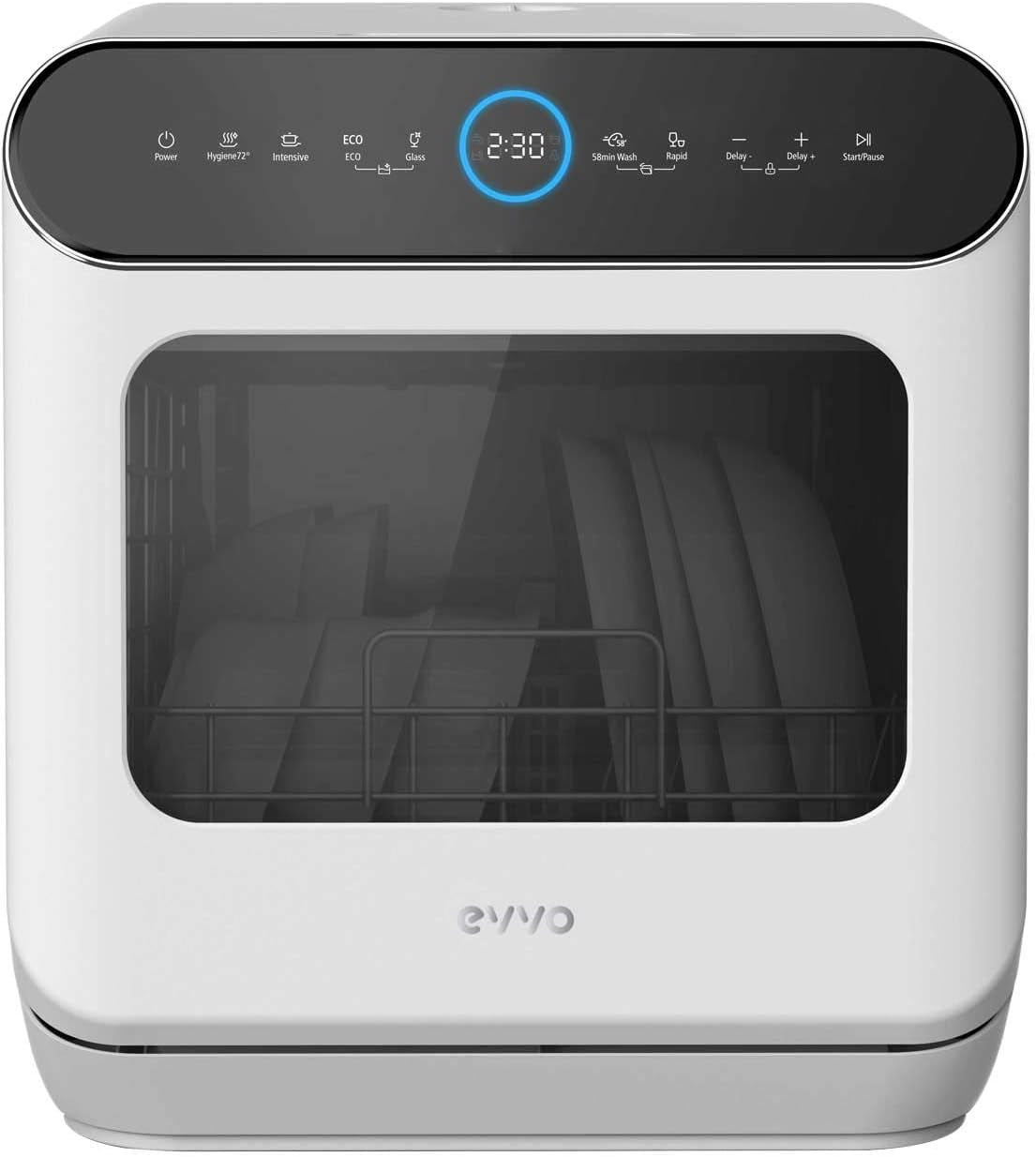 EVVO Lave-Vaisselle Petit, Taille Compacte Et Sans Installation, Pour Bureau Ou Comptoir, 2 Services, 6 Pogrammes, Séchage Supplémentaire, Programme ECO, Programme Automatique, Programmable, Mini D