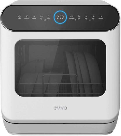 EVVO Lave-Vaisselle Petit, Taille Compacte Et Sans Installation, Pour Bureau Ou Comptoir, 2 Services, 6 Pogrammes, Séchage Supplémentaire, Programme ECO, Programme Automatique, Programmable, Mini D