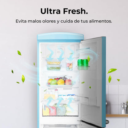 Réfrigérateur Combiné Rétro À Deux Portes 294 L Bolero Coolmarket Combi Origin 294 Bleu. Hauteur 190 Cm Et Largeur 60 Cm, No Frost Total, Refroidissement Multiple, Ultra Fresh