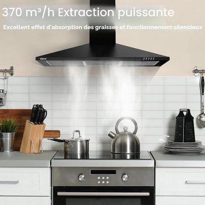 ASB9201 Hotte Murale 90 Cm Noire 370 M³/H Classe A++ | 3 Vitesses - 63 Db - Mode Recyclage Ou Évacuation - Filtres À Charbon CBCF002X2 Inclus - Design Pyramidal