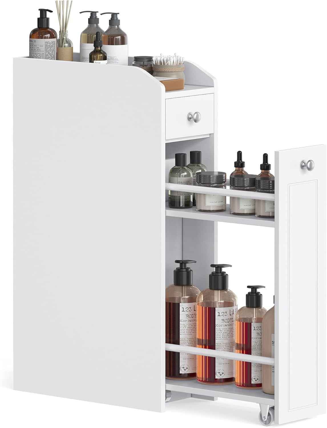 Petit Meuble De Salle De Bains, Placard Étroit, Petit Meuble De Rangement Pour Papier Toilette, Armoire De Toilette Avec Tiroir, Commode Sur Pieds, Pour Petits Espaces, Blanc BBC847P31
