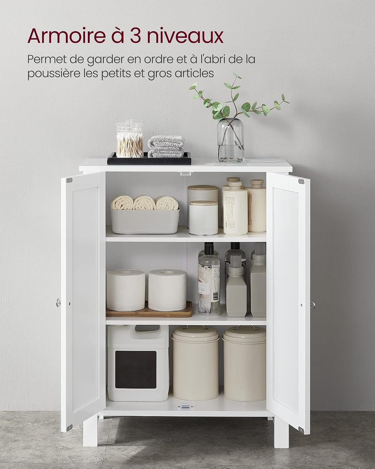 Meuble Salle De Bain Sur Pieds, Armoire De Rangement, Placard Avec 2 Étagères Réglables, 30 X 60 X 80 Cm, Blanc BCB60W