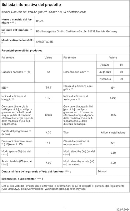 SMS2ITW33E Série 2 Lave-Vaisselle Intelligent, Autoportant, 60 Cm De Large, Panier À Couverts, Séchage Supplémentaire Par Simple Pression D'Un Bouton, Protection Aquastop Contre Les Dommages Des