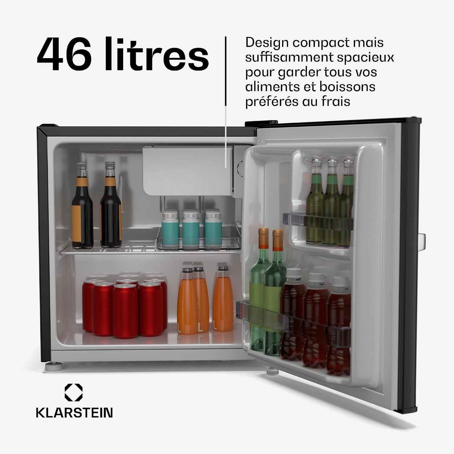 KLARSTEIN Irene 46 L Mini Réfrigérateur Rétro - Silencieux 37 Db, Thermostat Réglable, Petit Réfrigérateur De Chambre, Économe En Énergie, Noir