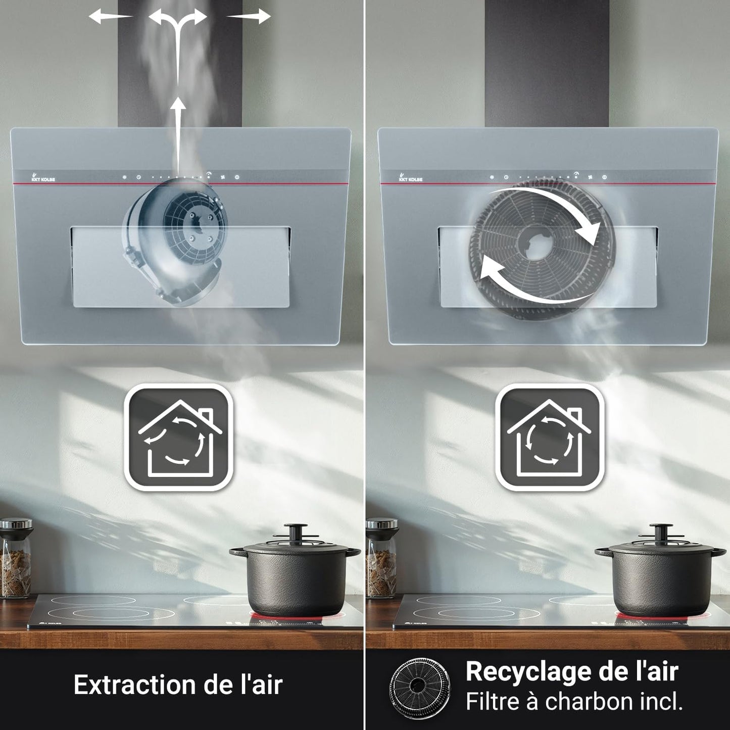 Hotte Murale Inclinée 90 Cm A+++ 782 M³/H Évacuation/Recyclage | Verre Gris Mat | Fonction Arrêt Différé | Smart Wifi App WLAN | Commandes Sensortouch | Éclairage LED RGBW | PLOOM9005G