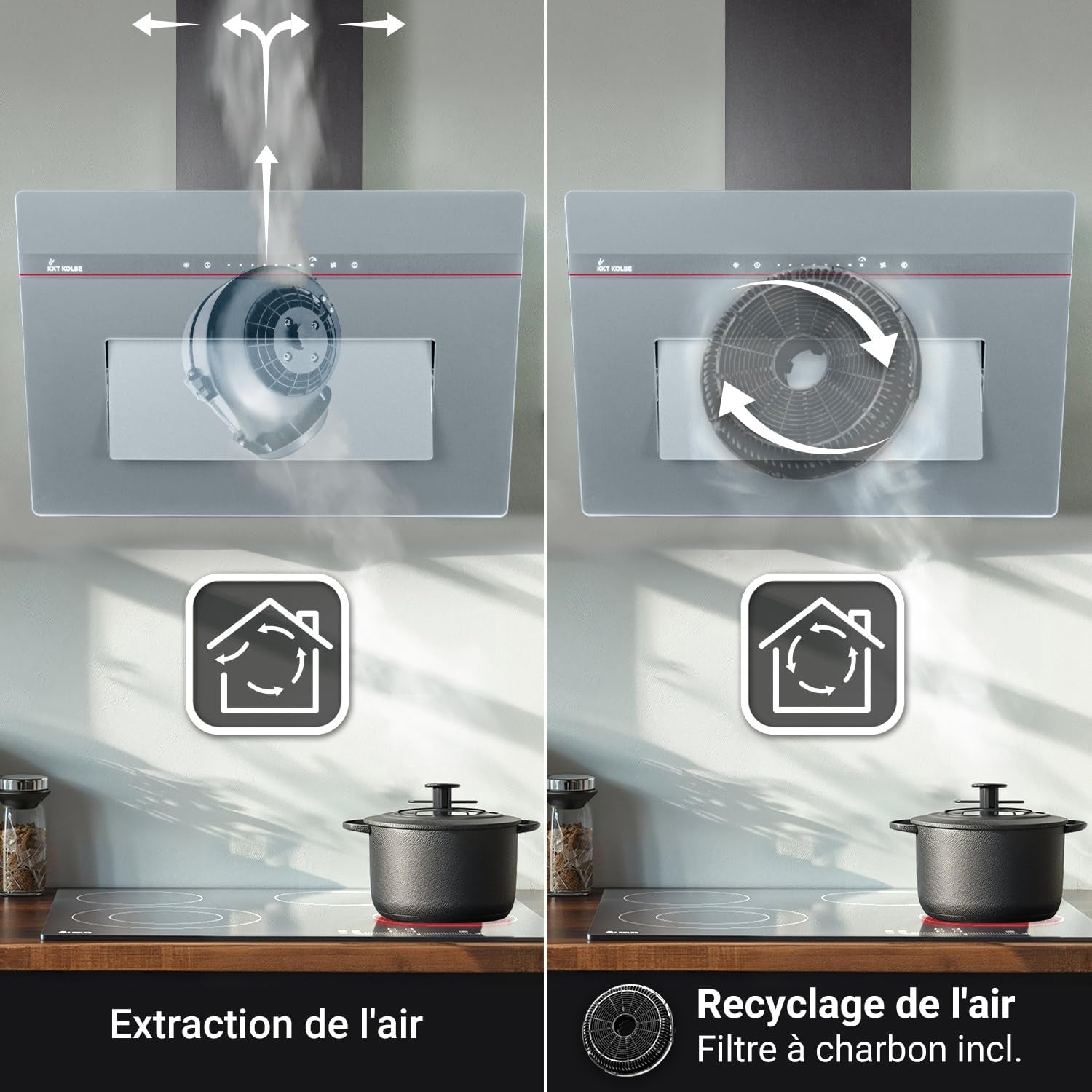 Hotte Murale Inclinée 90 Cm A+++ 782 M³/H Évacuation/Recyclage | Verre Gris Mat | Fonction Arrêt Différé | Smart Wifi App WLAN | Commandes Sensortouch | Éclairage LED RGBW | PLOOM9005G