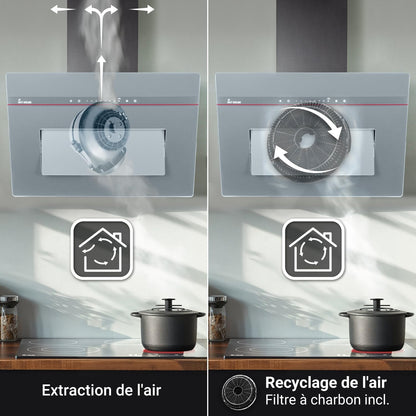 Hotte Murale Inclinée 90 Cm A+++ 782 M³/H Évacuation/Recyclage | Verre Gris Mat | Fonction Arrêt Différé | Smart Wifi App WLAN | Commandes Sensortouch | Éclairage LED RGBW | PLOOM9005G