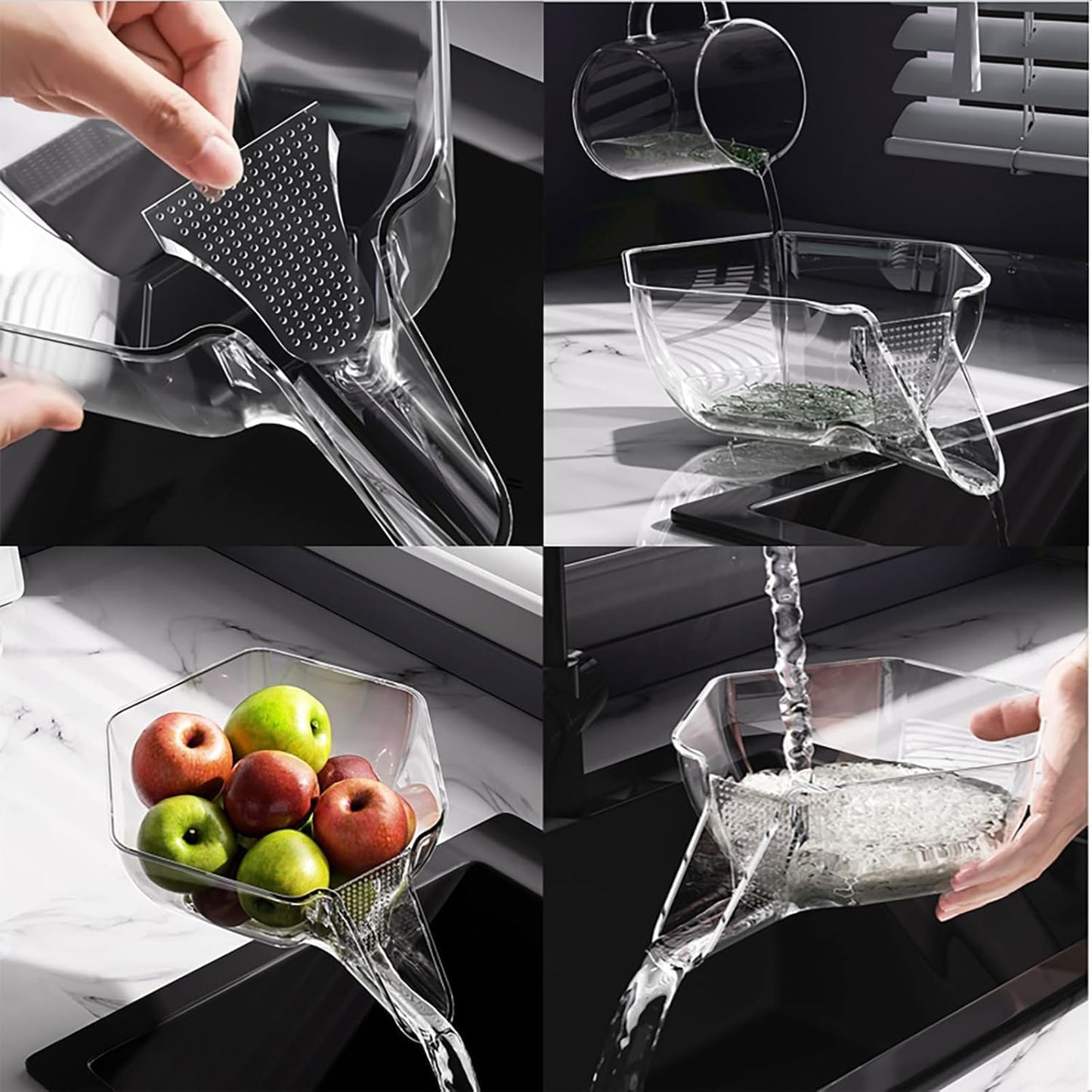 Panier De Vidange Multifonction, Passoires Avec Bec, Bol De Nettoyage De Fruits Avec Récipient Filtrant, Égouttoir Pour Aliments, Fruits (Jaune + Transparent, 2 Pièce)