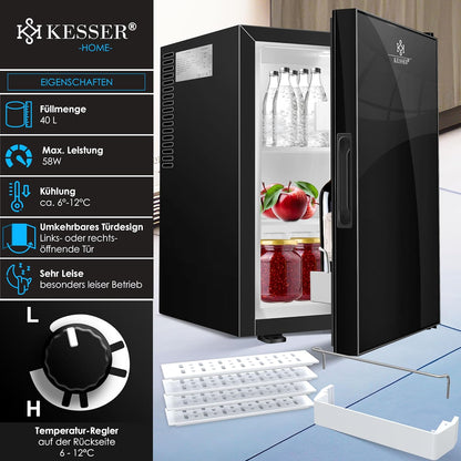 KESSER® Mini Réfrigérateur Avec Façade En Verre, Capacité Utile De 40 L, Silencieux, 22 Db, Verrouillable, Chambre À Coucher, Butée De Porte Interchangeable, Env. 6 À 12 °C, Hauteur 57 Cm, Éclairage